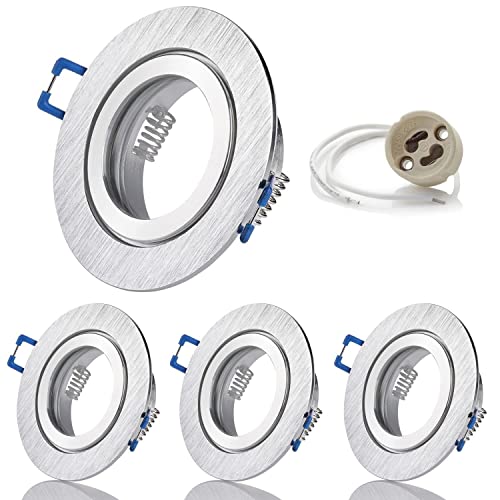 Sweet Led 4x Einbaurahmen inkl. GU10 Fassung 230V IP44 Einbauleuchten-Rahmen Aluminium Einbauspots fürs Bad Möbelleuchten downlight spot – rund, Silber gebürstet