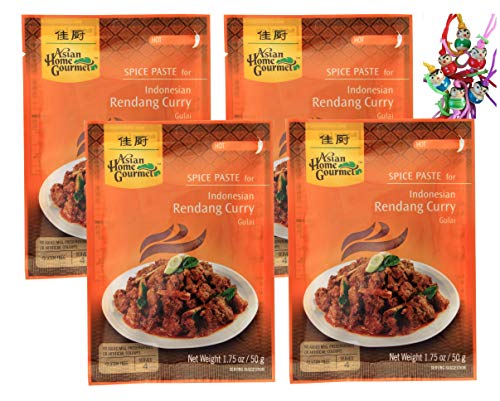 4er Pack - ASIAN HOME GOURMET [ 4x 50g ] Würzpaste für Indonesisches Rendang-Currygericht Gulai + ein kleiner Glücksanhänger gratis
