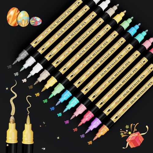 IVSUN Metallic Marker Stifte, 12 Dual Tip Metallic Acrylstifte Wasserfest, Stifte Set für Fotoalbum, Gästebuch Hochzeit, Scrapbook Zubehör, Schwarzes Papier Holz Glas Steine Bemalen, Ostern Basteln