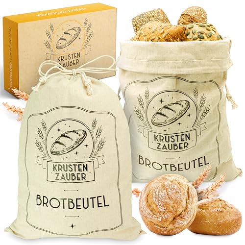 KRUSTENZAUBER Brotbeutel Leinen 2er Set - 2x Leinenbeutel 40x30cm zur Brotaufbewahrung - Idealer Brotsack, Brötchenbeutel, Brot Backen Zubehör Brotsackerl Brottasche Brot Aufbewahrung