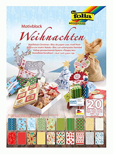 folia 47249 - Motivblock Weihnachten, 270 g/qm, ca. 24 x 34 cm, 20 Blatt sortiert in 20 verschiedenen Motiven - zum Basteln und kreativen Gestalten von Karten, Fensterbildern und für Scrapbooking