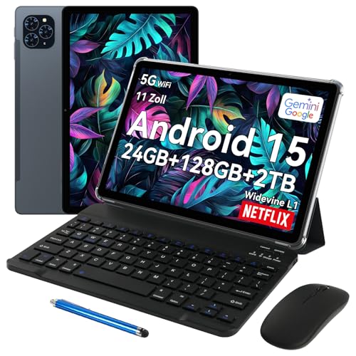 TABWEE T90 Android 15 Tablet mit Tastatur - Gemini AI, 24GB RAM+128GB ROM, Octa Core T615, Gaming Tablet 11 Zoll, 1920x1200 FHD+IPS, 8000mAh Akuu, 13MP+5MP KI Kamera, 5G WiFi, Widevine L1, GPS