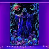 Alishomtll Schwarzes Wandteppich, Licht UV Schädel Sonne und Mond Wandtuch Wald Wandbehang Fluoreszierende Wandteppiche Gothic Aesthetic Skelett Wandteppich,Schlafzimmer Wohnzimmer 150x130cm