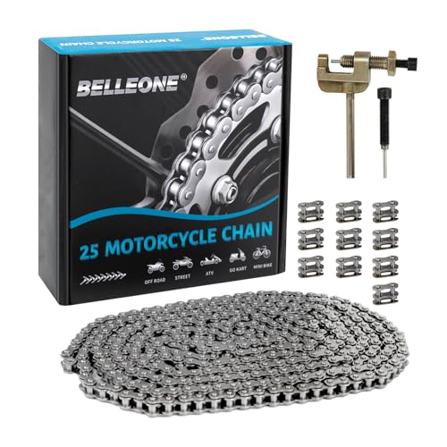 Belleone #25 Rollenkette - 3 m #25 Kette mit 10 Verbindungsgliedern & Kettenbrecher für Go-Karts, Mini-Bikes, Roller, Dirt Bikes, Rasiermotorräder, Pocket Bike und Fahrräder - 480 Glieder