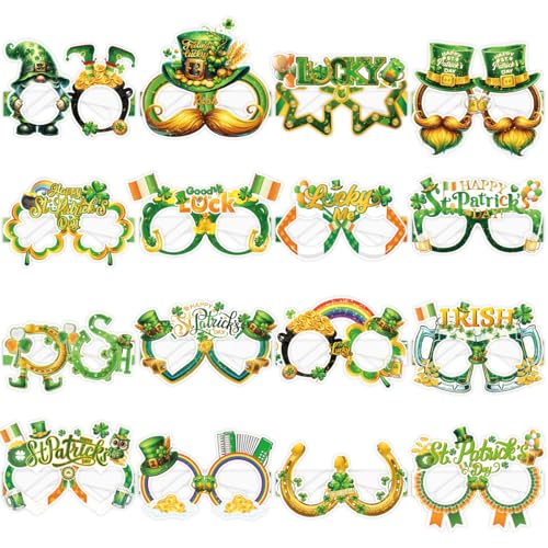 Qpout 16 Stück St. Patrick's Day Brillen, Luck Shamrock Frames Dekoration Brillenrahmen, Fun Party Kostüm Zubehör und Photo Booth Requisiten für St. Patrick's Day.