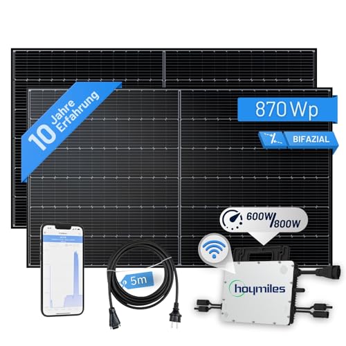 flex-energie Balkonkraftwerk Komplettset 870Wp I 2x435Wp Solarmodule, Hoymiles HMS-800W-2T Wechselrichter & 5m Kabel I Bifaziale Solaranlage für 20% mehr Stromgewinnung I Energiegewinnung von Zuhause