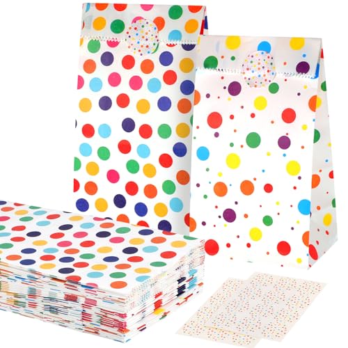 50 Stück Geschenktüten Kindergeburtstag, Papiertüten Klein 18x9x6cm Mitgebsel Tüten mit 60 Aufkleber Papiertüten Bunt Candy Tüten für Hochzeit Mitbringsel Kindergeburtstag Party(2 Stile)