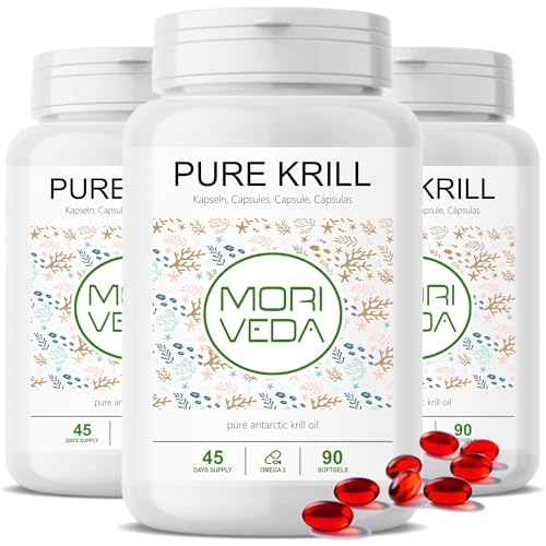 Krillöl Kapseln - 1000mg PURE Krill Öl für 135 Tage - mit Astaxanthin Omega 3-6 EPA DHA Cholin Phospholipide - Moriveda 3x 90 Kapseln