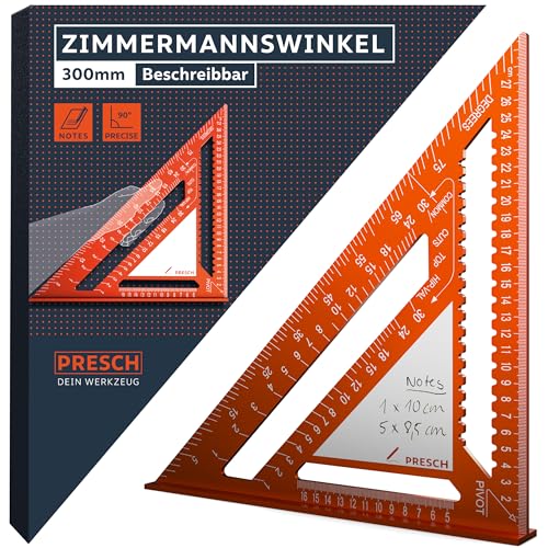 Presch Zimmermannswinkel 300mm - Innovative, abwischbare Notizfläche - Hochpräzise gefrästes Aluminium für dauerhaft exakte 90° Winkel - Sorgfältig verarbeitete, widerstandsfähige Beschichtung