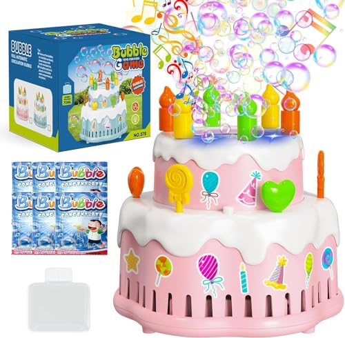 Bombble Geburtstagskuchen Seifenblasenspielzeug, Seifenblasenmaschine für Kinder 10000+ Blasen/Min mit Seifenblasenlösung/Musik, Geschenk für Geburtstag/Party/Hochzeit/Kindstag, Bubble Machine