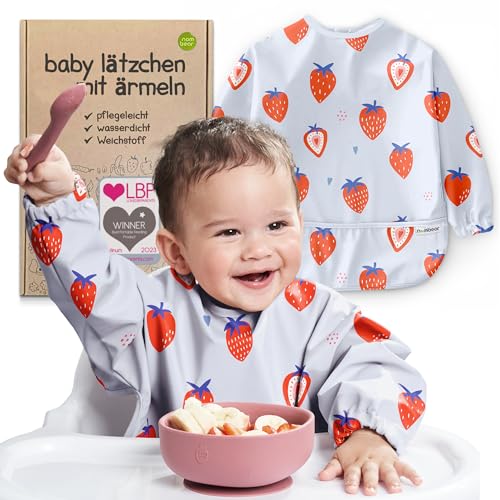 Nombear ® Wasserdichtes Ganzkörper Lätzchen für Baby mit Ärmeln für BLW, Beikost Baby Zubehör - Pflegeleichtes Lätzchen mit Ärmeln, Abwaschwares Ärmellätzchen, Babylatz mit Auffangschale