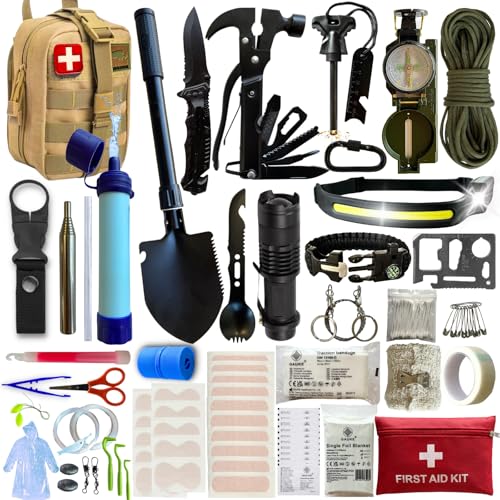 Erste-Hilfe-Set – Notfall-Kasten – 16 Multifunktionswerkzeuge und mehr als 60 Erste-Hilfe-Teile – sehr umfassend – praktisch – leicht – Beige