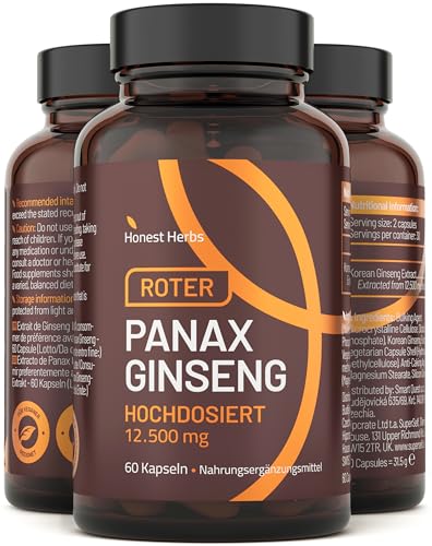 Ginseng Kapseln - Roter Panax Ginseng Extrakt 12.500 mg pro Tagesdosis - Echter Koreanischer Ginseng Wurzel mit 20% Ginsenoside - 60 Tabletten - Hochdosiert - Laborgeprüft - Vegan