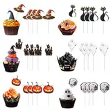 24 stück Halloween Cupcake Topper, 6 Muster Halloween Kuchen Deko, Ghost Castle Kürbis Schädel Katze Hexe Hut Halloween Tortendeko, Halloween Muffin Deko für Kuchen Muffin Essen Käseplatte Vorspeisen