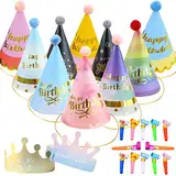 YOUYIKE 24 Stücke Kinder Partyhüte Set, Papier Krone Hut Party Kegel Hüte Kindergeburtstag Tröte, Partyhüte Geburtstag Dekoration Set für Familienfeiern für Kinder und Erwachsene