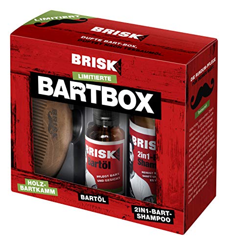 BRISK Bart GESCHENKSET (limited edition) - Set bestehend aus: 1x Bart-Öl 30 ml + 1x Bart-Shampoo 150 ml + 1x stylischer Holzkamm, 180 ml