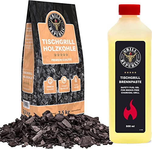 Grill Republic Tischgrill Holzkohle 2,5kg mit Brennpaste 500ml - Tischgrillkohle aus 100% Buchenholz - optimales Zubehör für den Holzkohletischgrill - rauchfreies Grillen mit Tischgrill