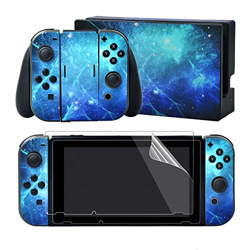 eXtremeRate Aufkleber Sticker Skin Decal Folie Abziehbild Faceplates Kleberfolie mit 2 Displayschutzfolie für Nintendo Switch/NS Konsole&Joy-Con&Dock&Griff(Blaues Galaxy)