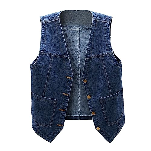Generisch 2025 - Ärmellose Damen-Jeansweste Denim mit V-Ausschnitt Knopfleiste Damen Jeansjacke Weste (Dark Blue, XXL)