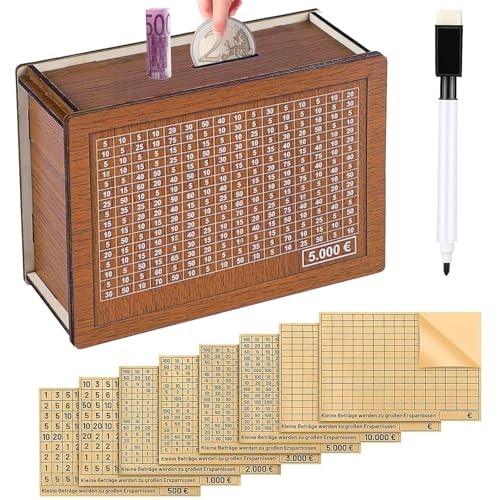 Spardose aus Holz,Wiederverwendbare Spardose,Retro Sparbüchse Aufbewahrungsbox,Spardose mit Sparziel,Sparbox mit Zahlen Ankreuzen für Hilft Erwachsene und Kindern Die Gewohnheit Zum Sparen Zu