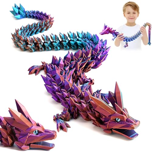 3D Gedrucktes Drache, 60CM Drachen Spielzeug mit Augen, Geheimnisvolle Realistische Drachen Figuren, Ewegliche Gelenke Kristall Drachen Deko Schreibtischspielzeug (Magischer Farbverlaufsdrache)