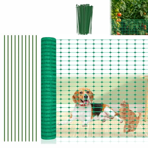 Aufun Begrenzungszaun mobiler Zaun 1m Hoch, 80m Lang, Camping, Gartennetz, inkl. 80 Pfähle und 250 Bindebänder, Hundezaun Hühnerzaun Weidezaun Gartenzaun Steckzaun ideal für Haus, Hof, Grün