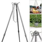 Campingstativ Lagerfeuer, BBQ Dreibein Gestell mit Aufbewahrungstasche, Tragbare Verstellbar Faltbare Grillständer Mit Kette & Haken für Camping, Picknick, Party