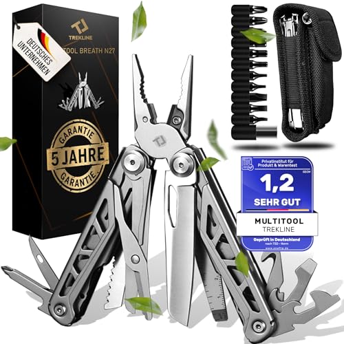 TREKLINE Premium Multitool Werkzeug [rostfreier Edelstahl] Survival Multifunktionsmesser perfektes Camping Zubehör, Multifunktionswerkzeug [27 Funktionen] Taschenmesser Outdoor, Camping Messer