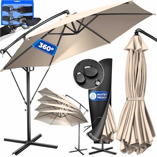 KESSER® Alu Ampelschirm Sonnenschirm + Abdeckung Ø350 cm & Kurbelvorrichtung Kurbelschirm mit Ständer UV-Schutz Aluminium Wasserabweisende Bespannung 360° Funktion Garten-Schirm Marktschirm Beige