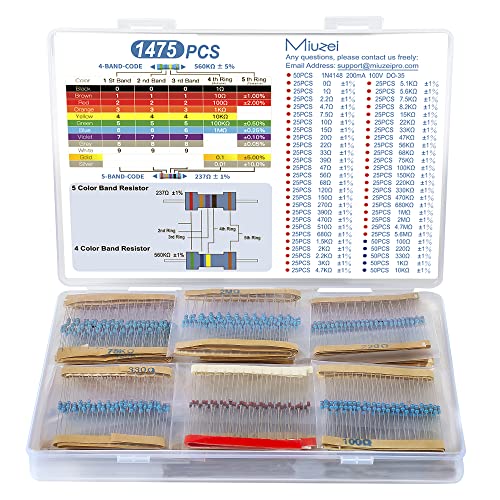 Miuzei 1475 Stück Widerstand Sortiment enthält 52 Resistor Werte Kit 1/4W Hochgenaues Metallfilm 0 Ohm to 5,6M ohm Widerstände Set 50 Stück IN4148 Switching Diodes Elektronik DIY-Projekt