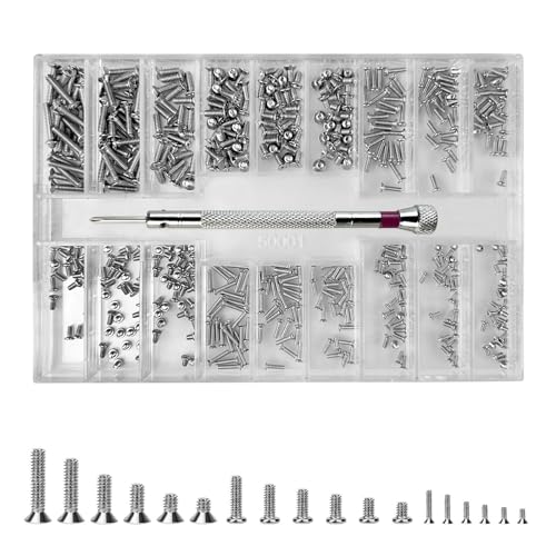 Diompirux 500 pcs Mikroschrauben, 18 Größen Winzige Mikroschrauben,Mit Kreuzschlitz schraubendreher, Senkkopfschrauben, Flachkopfschrauben,Uhrmacher Schrauben Reparatur Kit, für Uhren,Brillen,Laptop