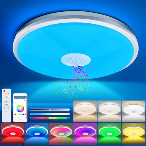 CheDux 48W LED Deckenleuchte Dimmbar mit Bluetooth Lautsprecher, Fernbedienung und APP-Steuerung, LED Deckenlampe mit RGB Farbwechsel, Musik für Schlafzimmer Kinderzimmer Wohnzimmer