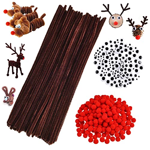 300PCS Pfeifenreiniger Pluesch Bunte,Pompons und Selbstklebend Wackelaugen,Pfeifenreiniger Set,Pfeifenreiniger und Pompons,Bastelzubehör Kinder,Rote Pom Poms,Weihnachten Handgemacht