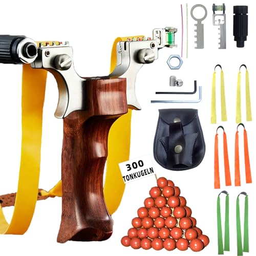 NWIWI Steinschleuder Profi Für Jagd,Edelstahl & Rosenholz Sport Outdoor Professionelle Schleuder Set,Zwille mit Einfache Clip-Anbindung,Slingshot mit 300 Tonkugeln+6 Gummibändern+Montageanleitung