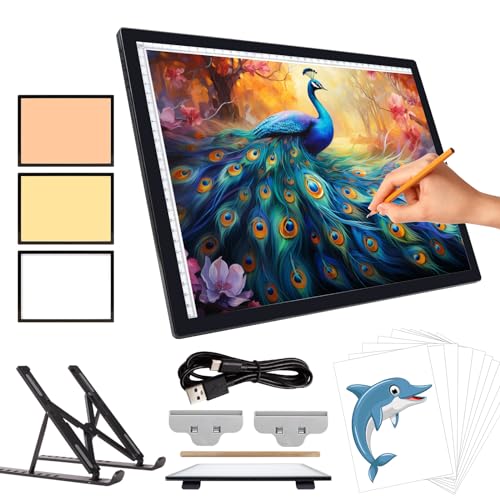 iVAOOZE Leuchttisch A3 mit Ständer/clips,3000mAH Batterie Wiederaufladbares lichtpad,3 Farben dimmbar und 6 Helligkeitsdimmen Lichtplatten für Zeichnung,Diamond Painting,Skizzieren,Tattoo,Designen