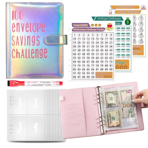 100 Envelope Saving Challenge Sparbuch für Geld - A5 Geldsparmappe mit Transparenten Geldumschlägen, Geld Sparen Mappe um 5050€, Geldbinder für zu Hause zu Sparen, Paare, Schule