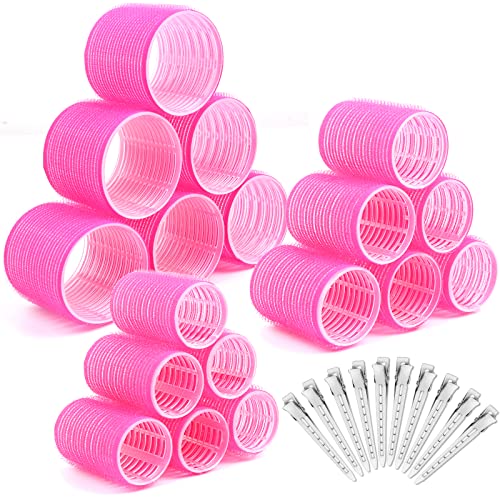 Lockenwickler locken Set,Selizo 28 Stücke Hitzefreie Jumbo Groß Kleine Lockenwickler Selbsthaftend Hair Rollers 63 mm 44mm 35mm mit 10 Stücke Klammern für lange mittlere kleine Haar (Rosa)