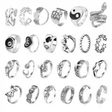 DAZZLUXE 24 Stück Vintage-Ringe, Silberring-Set, Verstellbare Unisex-Ringe, Punk, Gothic, Schlangen und Coole Stapelringe