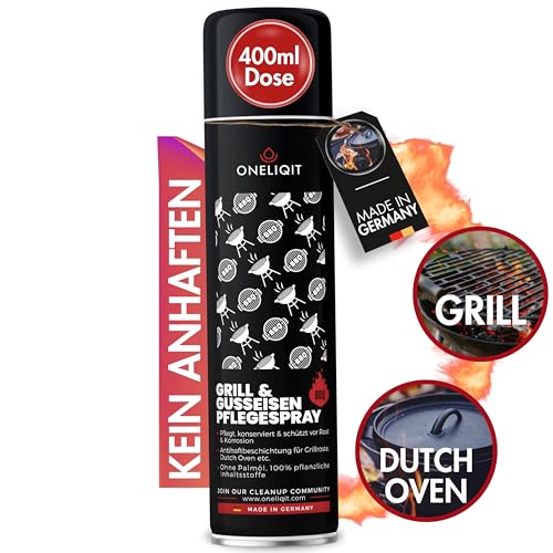 ONELIQIT® Grill & Gusseisen Pflegespray 400ml, Dutch Oven Pflege mit Antihaftfunktion verhindert Anhaften des Grillguts, für die einfache Pflege von Grillrost, Dutch Oven, Pfannen und mehr