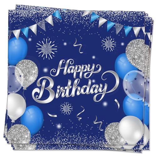 MORAINJAY Geburtstag Papierserviette,20 Stück Blau mit Silver Geburtstagsservietten für Mädchen Junge Geburtstag Party,16.5cm Quadrat Servietten für Geburtstag, Geburtstag Party Deko