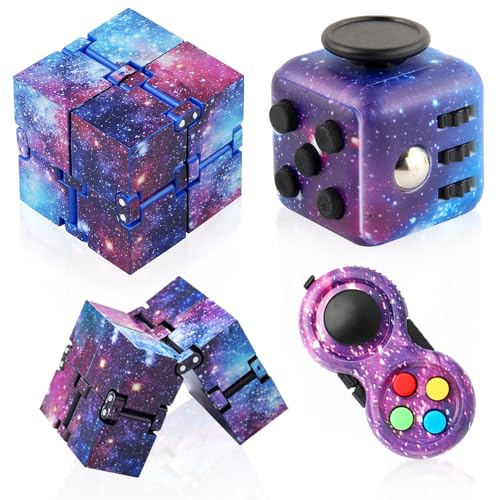 Cuackamily 3 Stück Fidget Toys Set, Galaxie Anti-Stress Würfel Spielzeug, Infinity Cube, Fidget Pad Controller, Stressaubbau bei Nervösität, Dekompression Spielzeug Geschen für Kinder und Erwachsene