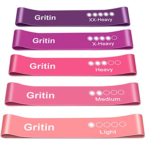 Gritin Fitnessbänder [5er Set] Widerstandsbänder mit 5 Stufen, 100% Latex Fitnessband Resistance Terra Bands mit Deutscher Übungsanleitung & Tragebeutel, Gymnastikband für Muskelaufbau, Yoga, Pilates