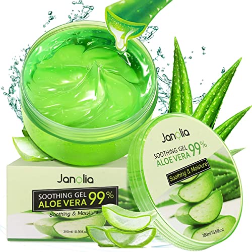 Janolia Aloe Vera Gel, 300ml Aloe Vera Gesicht Gel, Natürlich Aloe Vera Extrakt, Beruhigend und feuchtigkeitsspendend, Sonnenschutz und Selbstbräuner, für Gesicht, Körper, Sonnenbrand