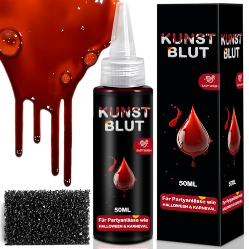 SEO-FANALLY Halloween Kunstblut 2er Set, Halloween Schminke Fake Blood 50 ml+1 Grober Schwamm, Fake Blut Realistisch, Abwaschbar und Sicher für SFX Make up, Theaterschminke, Zombies, Vampire, Cosplay