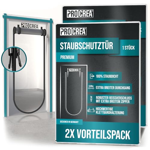 PROCREA® -NEU- 2x Premium Staubschutztür mit Reißverschluss [Großer Zipper, Breite Türöffnung & Easy-Klettsystem] Extra starke Folien-Bautür und Staubschutzwand für 100% sicheren Staubschutz