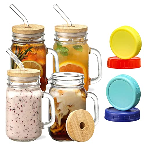 JORTINE Trinkgläser mit Deckel und Strohhalm,Cocktailgläser Smoothie Gläser Set,Mason Jar Trinkglas 4er,Cocktail Gläser Glasbecher,Einmachgläser mit Henkel für Wasser,Kaffee,Cocktail,Soda,Geschenk