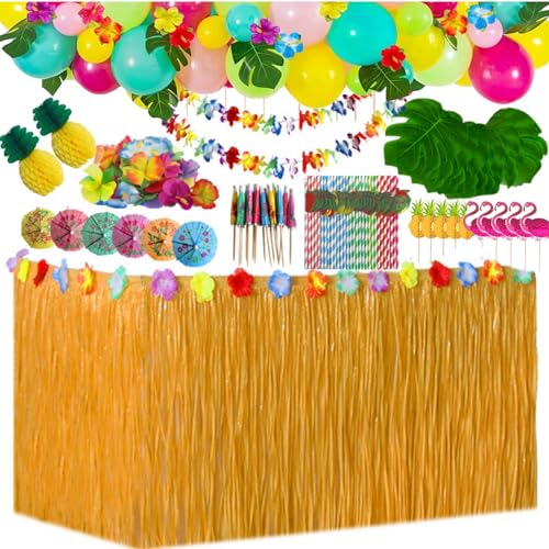 JIAJIAYI 94 Stück Hawaii Party Dekoration Set mit Ballon,Hawaii Luau Tischröcke Kit,Girlanden, Palmblätter, Ananas Flamingo Regenschirm Obst Stroh Kombition zum Grillen für Garten Beach Party Dekor