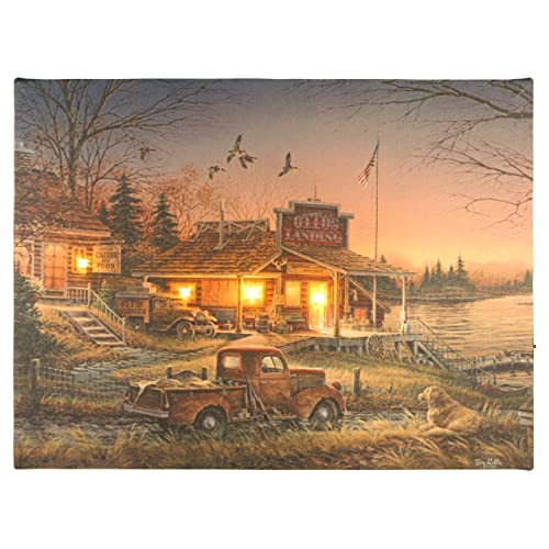 Nexos Trading LED Wandbild Leinwandbild mit Beleuchtung Fotodruck Tennessee 30 x 40 cm 4 LED warm weiß Kunstdruck Leuchtbild Wiese Vintage-Stil Seehaus