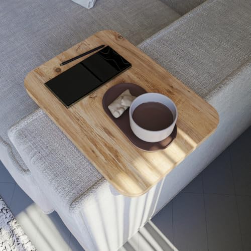sugodesign Sofatablett Armlehne, Couch-Tablett, Einstellbarer Sofa-Tablett, Getränkehalter, Sitzgarnitur Ablage, Holz-Optik