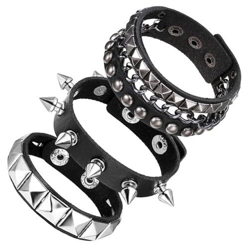 Giantree 3 Stück Unisex Punk Besetztes Armband, Nietenarmband Punk Rock Armbänder Gothic Nieten Armband Manschette Verstellbare Armreif für Halloween Weihnachten Kostümparty Konzert